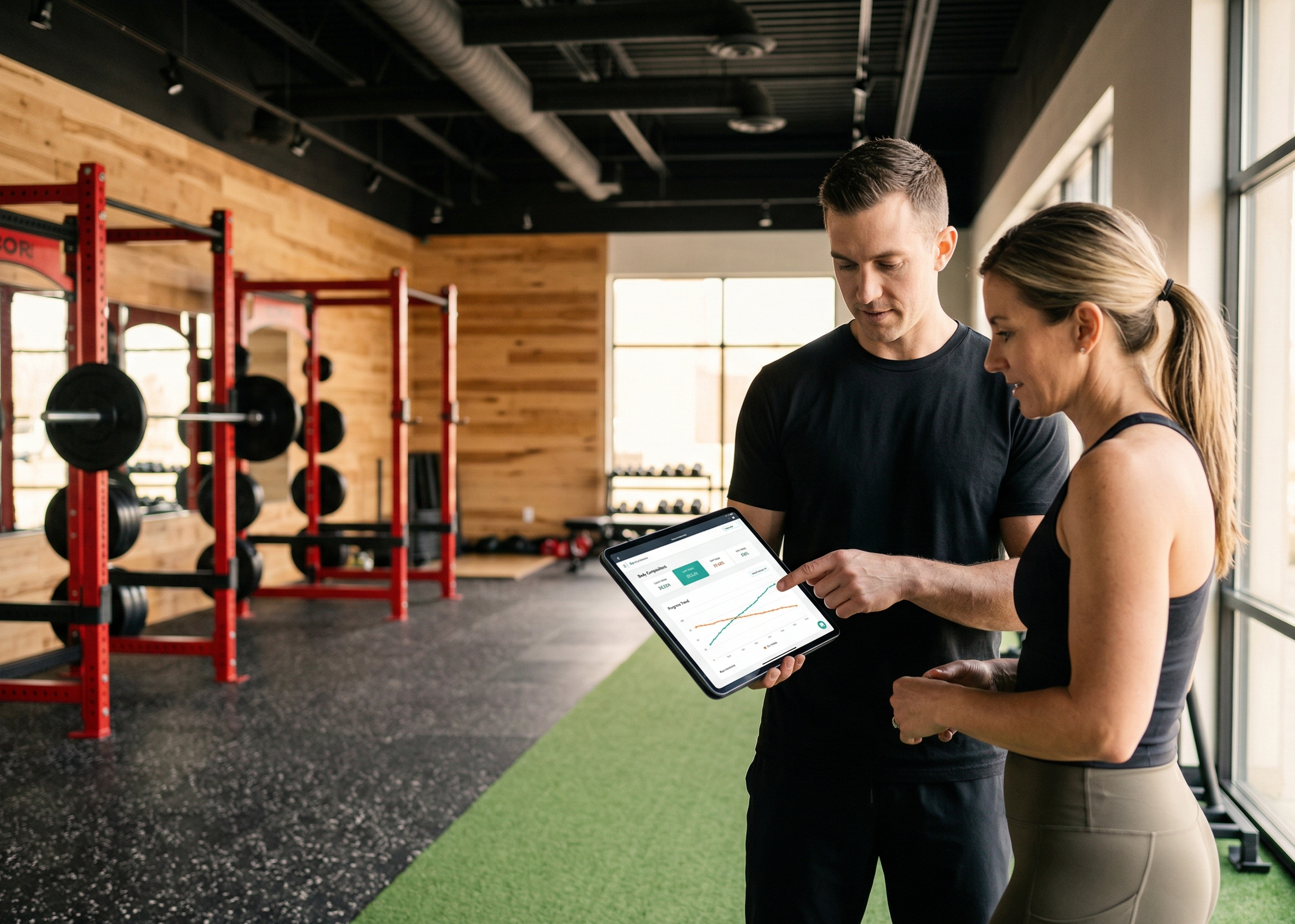 Trainer showing body composition tracking data on tablet